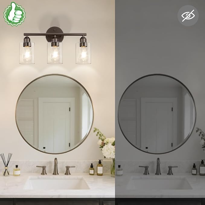 3-Light Bathroom Vanity Light, Clear Glass & Brown,17.3" | Modern Wall Lamp, For Mirror