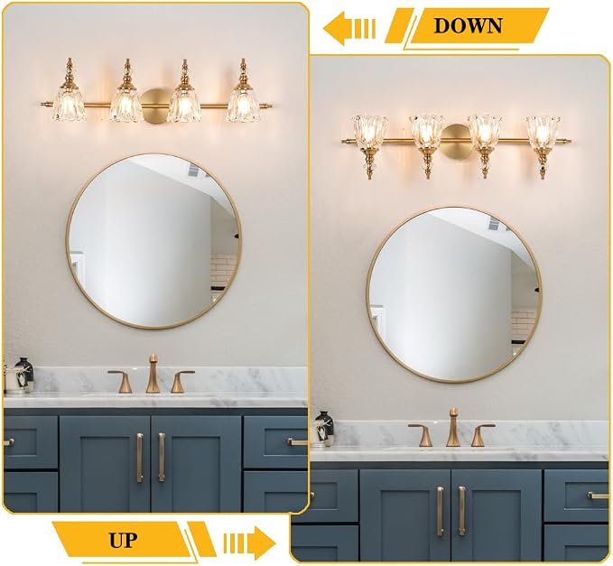 Brushed Antigue Brass Bathroom Light Fixtures 4 Lights, Antique Brass Vanity Light, Vanity Light Over Mirror, Vintage Bathroom Light with Clear Flower Glass, Lights for Wall Interior Hallway