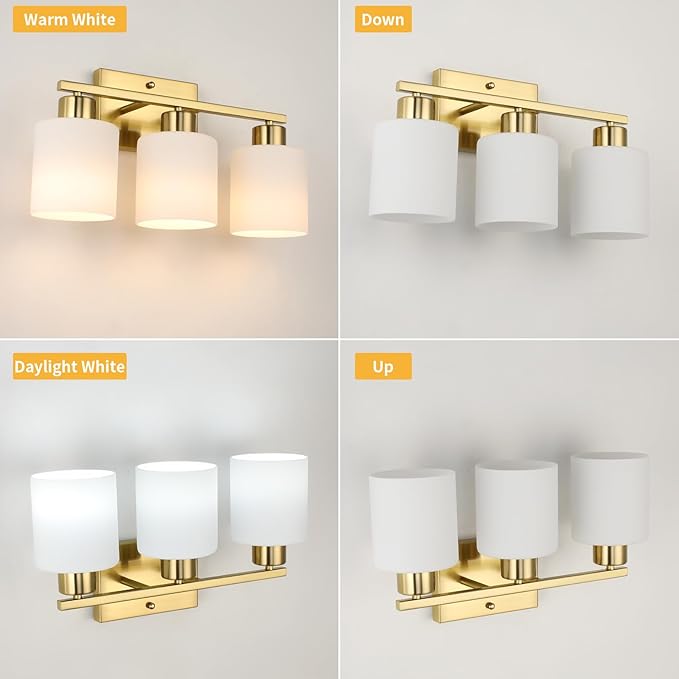 WILON 3-Light Brushed Gold Bathroom Lighting Fixtures Over Mirror, Modern Vanity Light with Milk White Glass Shades, Antique Brass Wall Lamp with E26 Bases