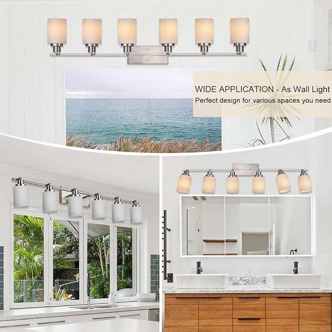 6-Lights Track Lighting Ceiling, Ceiling Spotlight Fixtures Brushed Nickel Bathroom Vanity Lighting with Opal White Glass, E26 Bulb Base