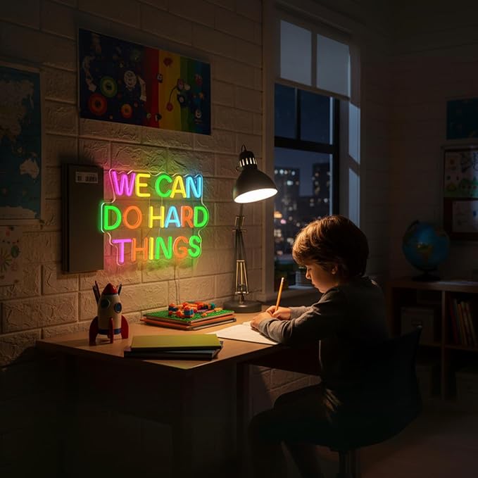 We Can Do Hard Things Neon Sign, Motivational LED Classroom Neon Light | Dimmable USB Powered Colorful Neon Light for Inspirational Classroom, Bedroom, Dorm, Office Decor, Teacher Gift, Student Gift
