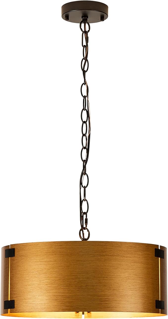 16" Drum Chandelier for Dining Room, E26 Modern Farmhouse Chandelier, 3-Light Golden Bronze Finish Vintage Chandelier Light Fixtures for Kitchen Foyer Entryway Bedroom