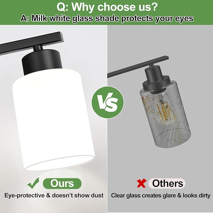 3-Light Bathroom Light Fixtures, Black Vanity Light with Milky White Frosted Glass Shades, Bathroom Wall Lamp with E26 Socket, for Mirror, Living Room, Bedroom