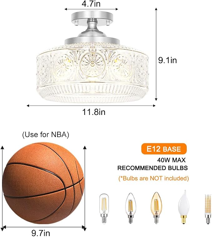 Brushed Nickel Semi Flush Mount Ceiling Light, 3-Light Vintage Ceiling Light Fixture, Hallway Lighting Fixture with Thickened Glass, 12In Kitchen Ceiling Mount Light for Entryway Bathroom, E12*3
