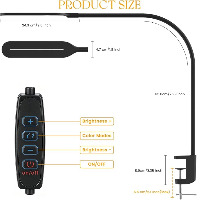 LED Desk Lamp with Clamp, 3 Color Modes 10 Brightness Levels, Long Flexible Gooseneck, Ultra Wide Brightness Range, led Clip Desk lamp, USB Eye-Caring Clip on Lights for Home Office, Black