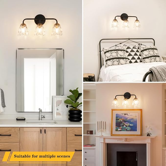 Vintage 3 Light Vanity Light, Black and Gold Bathroom Vanity Light, Bathroom Light Fixtures with Glass Shade, Antique Vanity Light Fixtures Over Mirror, Wall Sconce for Bedroom, Living Room