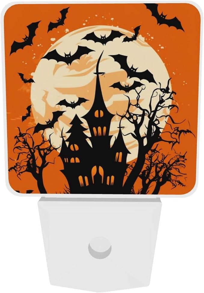Halloween House Night Moon LED Plug-in Night Lamp 2 Piece Set, Auto Sensor Nightlights Set of 2 for Bedroom Bathroom Decorations