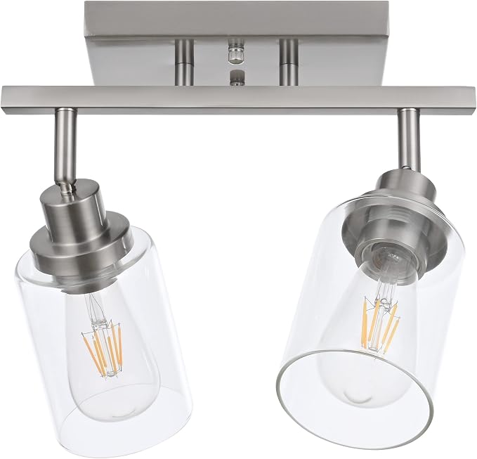 MELUCEE 2 Light Rotatable Track Lighting Kit Spotlight Brushed Nickel | Semi Flush Mount Ceiling Light Bathroom Lights Wall Scone for Hallway Porch Foyer Bath Storage, Clear Glass Shade
