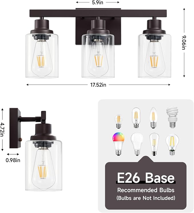 3 Light Bathroom Vanity Light,Oil Rubbed Bronze Vanity Lights 17" | Bronze Bathroom Light Fixtures over Mirror,with Clear Glass,Modern Wall Sconces for Bathroom,E26 Base