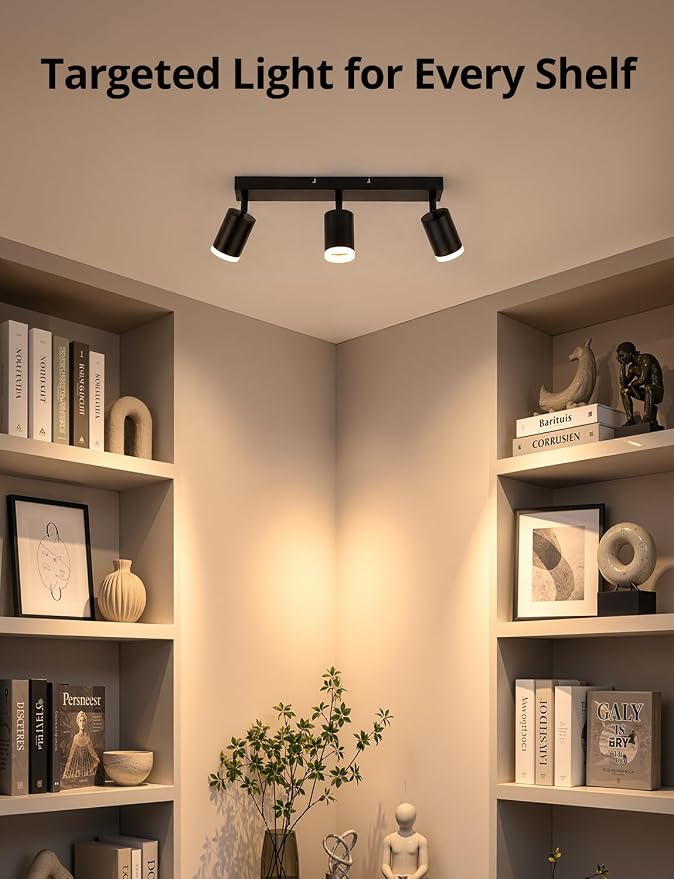 Bojim LED Track Lighting Fixtures Ceiling Mount for Kitchen, 3 Light Modern Black Track Lights with Acrylic Ring, Adjustable Spot Lights for Dinning Living Room Hallway, GU10 Base (Bulb Not Included)