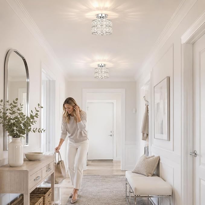 Lxybcce Crystal Ceiling Light Fixture, Modern Chrome Crystal Chandelier, Small Semi Flush Mount Ceiling Lighting, Round Hallway Lighting for Kitchen Entryway Bedroom Bathroom, 1-Light, 8.8 Inch