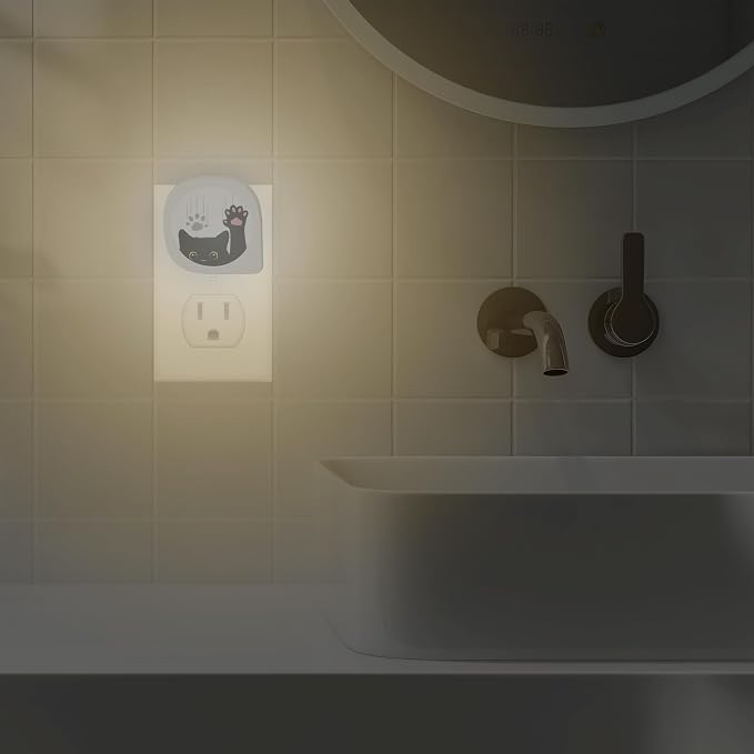 Black Cat Night Light, Cute Funny Cat Dusk to Dawn Round Lamp Auto Sensor for Bathroom Hallway Living Room, ZLU03064