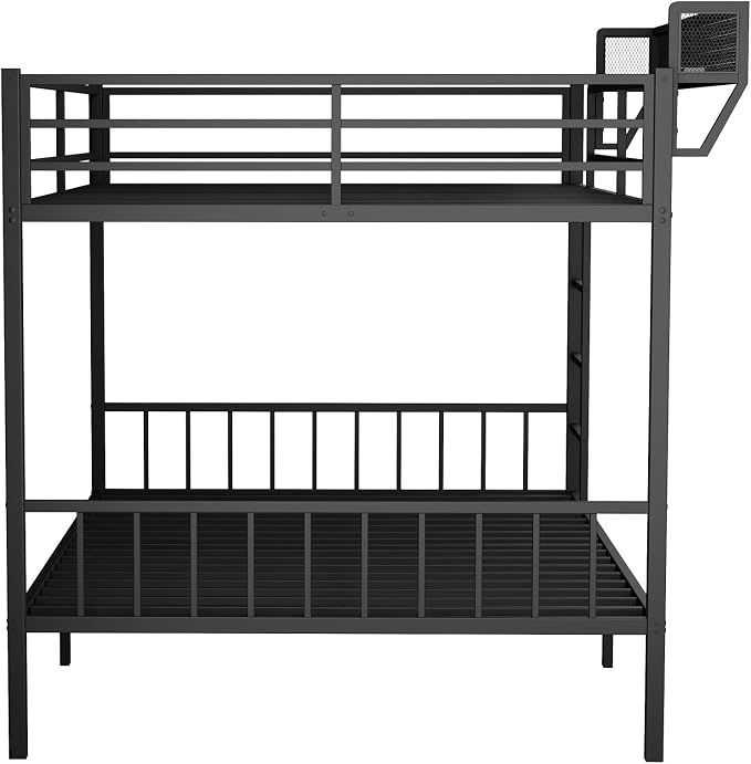Queen Over Queen Metal Bunk Bed with Storage Shelf & USB Charging | Open Storage Shelf,2 AC Outlets,2 USB Ports,Full-Length Guardrail for Boys&Girls,Noise-Free & Stable,No Box Spring Needed