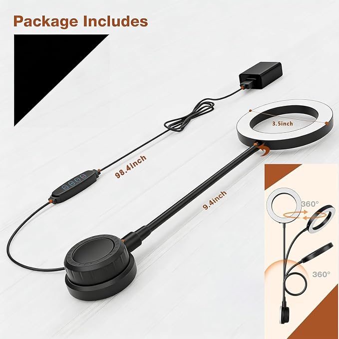 Suction Cup Makeup Lights for Full Length Mirror, Flexible Gooseneck Vanity Lights Stick on, Led Selfie Ring Light for Makeup Vanity Table & Bathroom Mirror, 3 Color & 10 Brightness, Plug in, Black