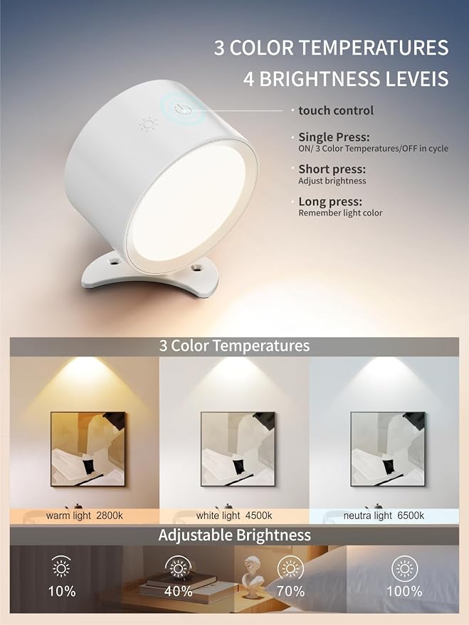 LANMEL LED Wall Mounted Lights,360° Rotating Rechargeable Wall Sconce Lamp | White 2pack,3CCT,Dimmable,with Remote & Touch Control,USB Wireless Wall Lamp, Suitable for Study,Bedroom,and Bedside Reading