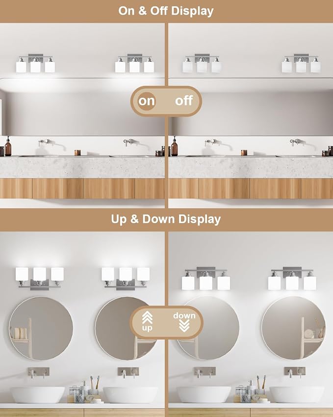 Bathroom Light Fixtures Over Mirror, 3-Light Vanity Lights Brushed Nickel, Modern Bathroom Vanity Light, Glass Shade & Anti-Rust Nickel Finished, Bathroom Light for Small Space