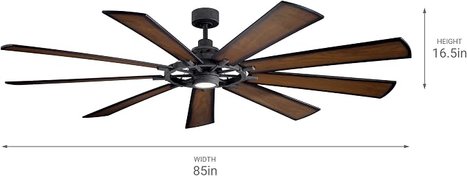 Kichler Gentry XL 85" Ceiling Fan with LED Light, Distressed Black | 9-blade industrial fan with dimmable LED light and DC motor for large indoor spaces, 300285DBK