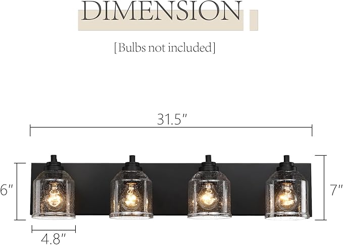 Vanity Lights for Bathroom Large 31.5", Farmhouse Rustic Vanity Light with Bubble Glass Shades, Black 4 Light Bathroom Lighting Fixtures Over Mirror, Bath Wall Sconce Home Decor