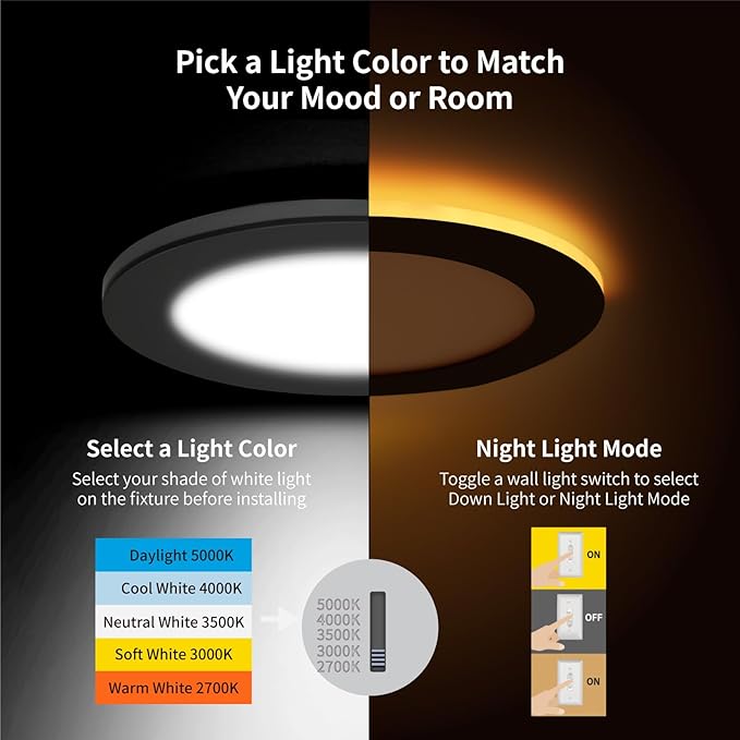 Meconard 6 Pack 6 Inch 5CCT LED Recessed Ceiling Light with Night Light, 2700K/3000K/3500K/4000K/5000K Selectable Ultra-Thin Lighting, 12W=110W, 1050LM, Dimmable Canless Wafer Downlight, Black Trim