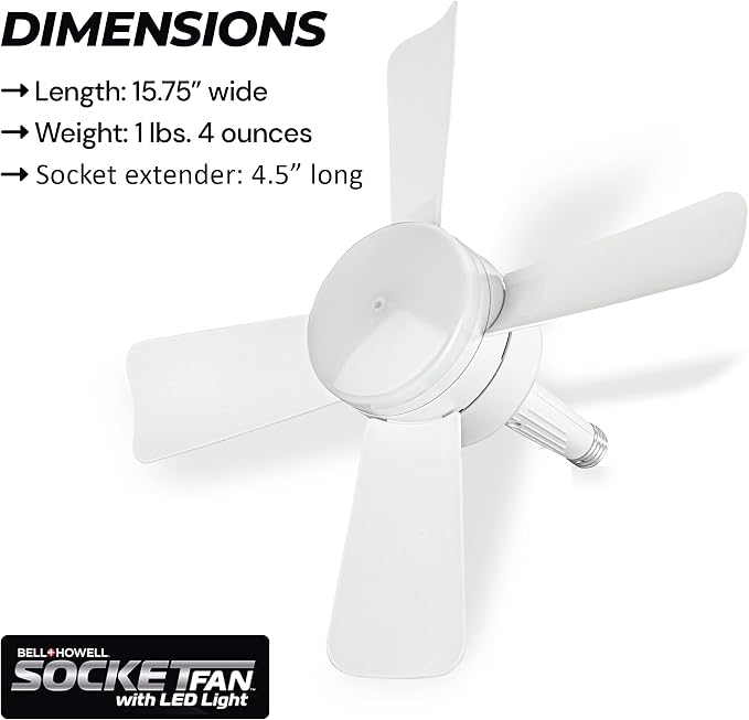 Bell+Howell Socket Breeze Modern Ceiling Fans with LED Lights, 10" LED E26 Screw Base Mini Light Socket Fan for Bedroom, Living Room, Kitchen, Balcony