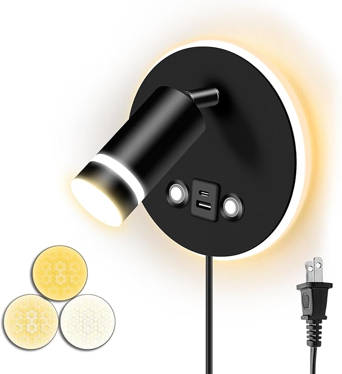 ERAY Wall Mounted Reading Light, Bedside Headboard Lights with USB and Type-C Charging Port/Touch Control, 3000K/4000K/6000K 350° Rotatable LED Spotlight & Backlight for Bedside Bedroom -1 Pack