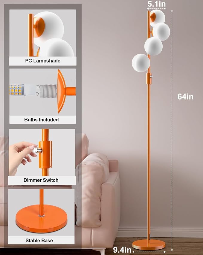 Lightdot 64IN Dimmable Globe Floor Lamp, Modern Orange Standing Lamps with 4PCS Warm White Bulbs Included,Mid Century Floor Lamp with 5Lbs Heavy Base for Living Room/Bedroom/Sofa Beside/Corner Decor