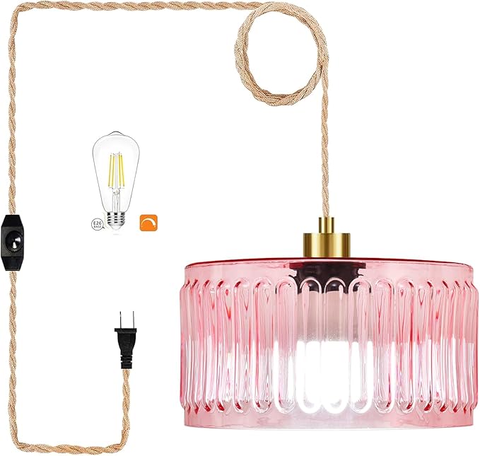 Pink Plug in Pendant Light Glass Hanging Lights with Plug in Cord Boho Hanging Lamp Gold Mid Century Modern Vintage Dimmable Flower Plug in Chandelier Ceiling Fixture for Living Room,Bedroom