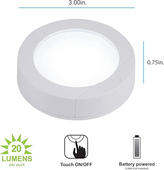 GE Wireless LED Puck Lights, Battery Operated, 20 Lumens, Touch Light, Tap Light, Stick On Lights, Under Cabinet Lighting, Ideal for Kitchen Cabinets, Closets, Garage and More, 4 Pack, 45997