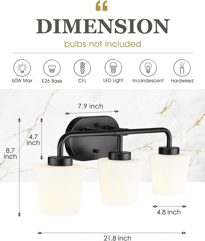 Bathroom Light Fixtures Over Mirror, 3-Light Matte Black Vanity Lighting Fixtures with Milk White Glass, Vintage Farmhouse Wall Sconces Lighting, AD-22004-3W-BK