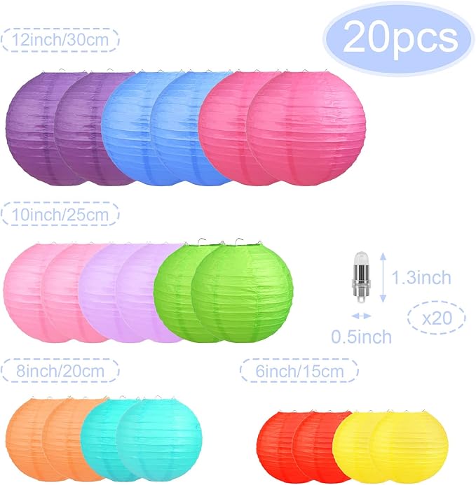 LIHAO 20PCS Colorful Paper Lanterns with Lights, Multicolor Chinese Lanterns Hanging Paper Lanterns for Party Decorations Wedding Birthday Classroom DIY Crafts(Size of 6'' 8'' 10'' 12'')