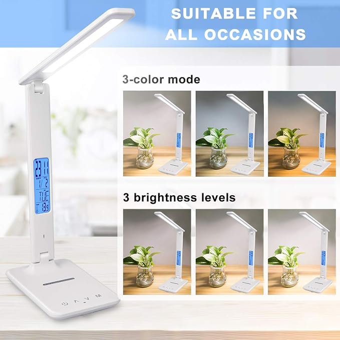 LED Desk Lamp with Wireless Charger, Suitable for Home, Office Dimmable, with USB Charging Port, Built-in Clock, Calendar, Thermometer and Automatic Timing Reading Desk Lamp.