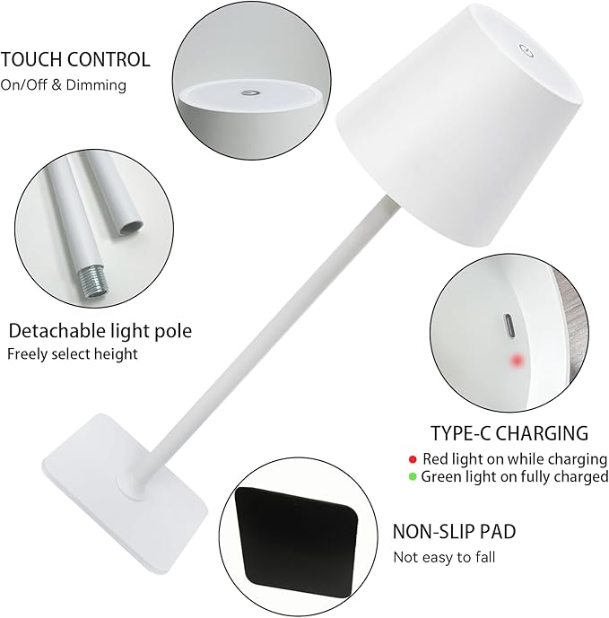 2-Pack Rechargeable Cordless Table Lamps, Battery-Operated Wireless Minimalist Table Lamp, 3 Colors Stepless Dimming LED Adjustable Height Table Lamp for Dining/Bedside/Camping (4, White)