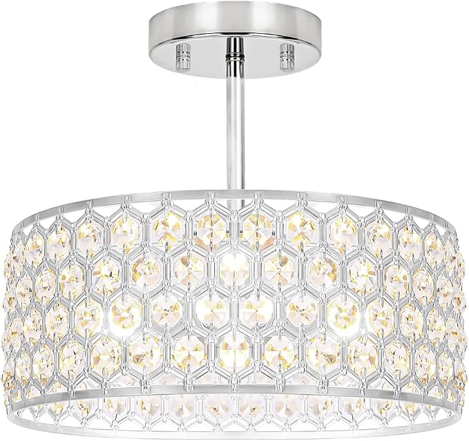 Lxybcce Chrome Crystal Ceiling Light Fixture - Modern Semi Flush Mount Ceiling Light for Hallway, Kitchen Lighting Fixtures Ceiling, Dazzling Prism Chandelier for Foyer Closet Bedroom, 3 Light, 12 in