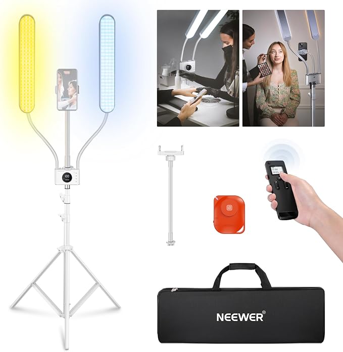 NEEWER Esthetician Light with Phone Holder & Travel Bag Kit, Support 2.4G/PC/MAC Control & Separate Control of 2 LED Light Heads, CRI98+ Bi Color Stepless Dimmable Tattoo Lighting Lash Lamp, BH40B