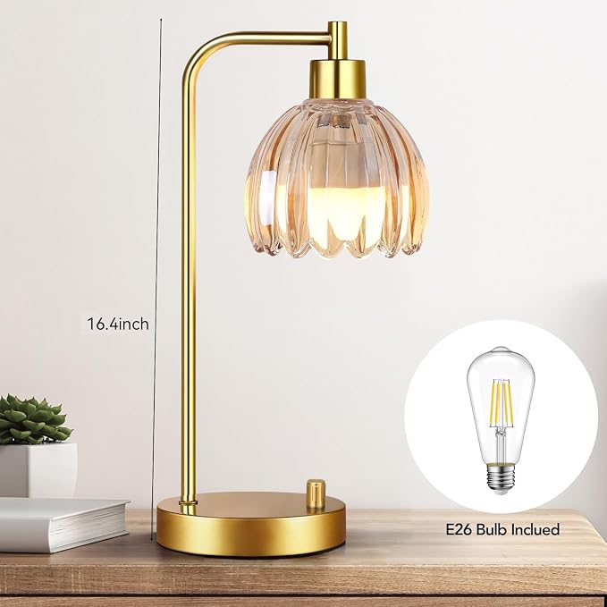 ILLMTW Glass Table Lamp Set of 2,Small Gold Bedside Lamps Dimmable Boho Bedroom Lamp with Tulip Flower Amber Lamp Shade,Vintage Mid Century Modern Mini Nightstand Lamp for Bedroom Living Room