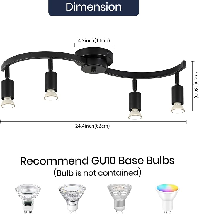 4 Light Track Lighting Fixtures,Kitchen Lighting Fixtures Ceiling with Rotatable Light Head,Black Ceiling Spotlight for Dining Room Living Room Bedroom.