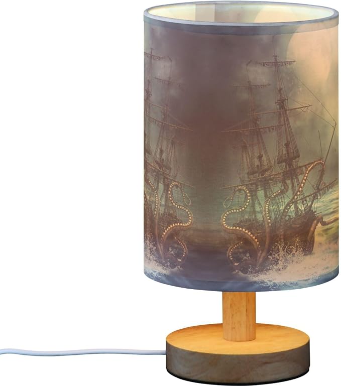 Table Lamp Octopus Pirate Ship Sea Monster Tentacle Sailboat Night Ocean Wave Nightstand Lamp with Wood Base Fabric Lamp Shade Bedside Desk Lamp for Living Room Bedroom Kids Room Office