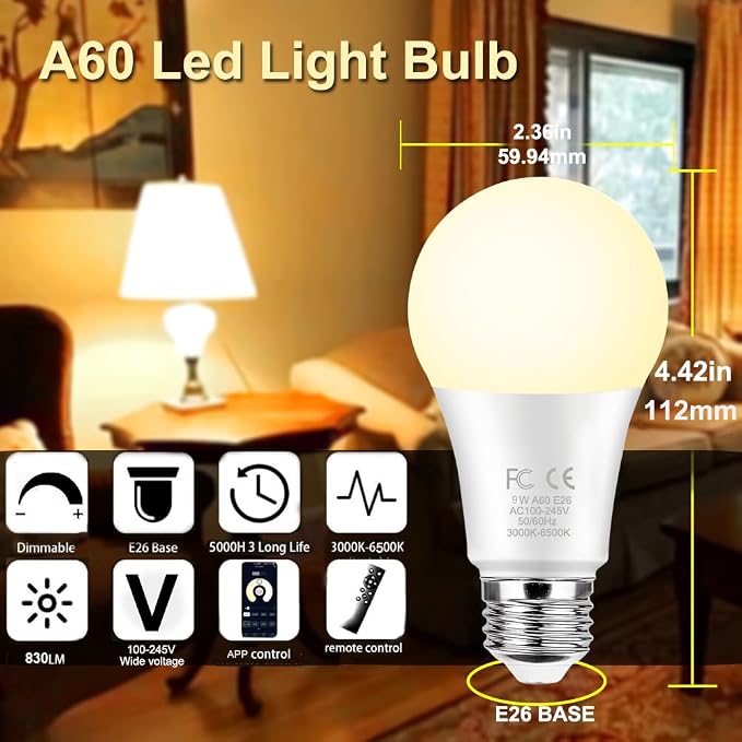 GRV 9W A60 LED Smart Light Bulbs with a 2.4GHz Remote Control,Color Changing,Stepless Dimmable 3000K-6500K,80W Incandescent Lamp Equivalent,800LM E26 Base,Home Decor,2 Bulb & 1 Remote