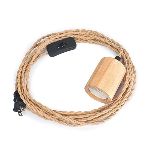 Arturesthome Wood Pendant Light Cord Kit with Switch, 23FT Vintage Industrial Hanging Light Plug in Lamp Cord with Twisted Nylon Rope Lights Socket E26 E27 for Farmhouse Lamp Cable Retro DIY