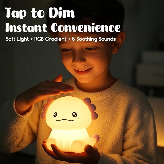 LEDHOLYT Cute Axolotl Night Light for Kids, 3 Adjustable Brightness Levels & 6 White Noise Sounds,Rechargeable Variable Color Axolotl lamp Gifts,Cute Room Decor Night Light for Kids Girls Boys