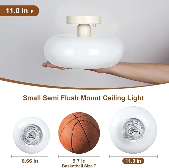 WOKNOS Mid-Century Modern Cream White Semi Flush Ceiling Light 11.0 Inch | Small Glass Shade Close to Ceiling Lighting Fixture Kitchen Entryway Hallway Bathroom Closet Bedroom Laundry Room