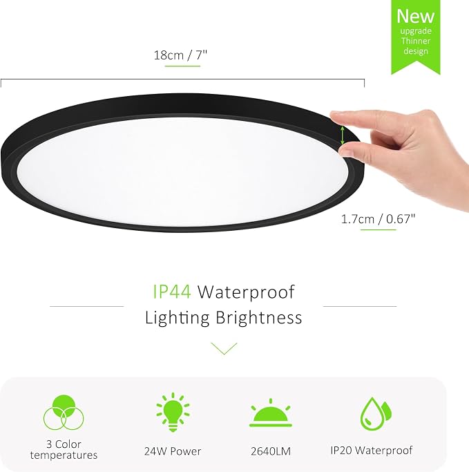 1Pack LED Flush Mount Ceiling Light, 7 Inch 1500LM 15W Thin Round Ceiling Light Fixture, 3000k/4000k/6500k 3 Color Adjustable Ceiling Lamp for Bathroom,Closet,Hallway, Wired(Black)