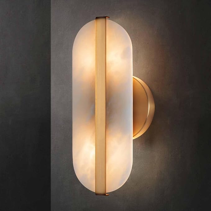 Natural Alabaster Wall Sconces Marble Wall Sconces Gold Bathroom Vanity Wall Light Fixture Stone Wall Lamp Modern Alabaster Sconces Wall Lighting for Bedroom Living Room Hallway Restaurant
