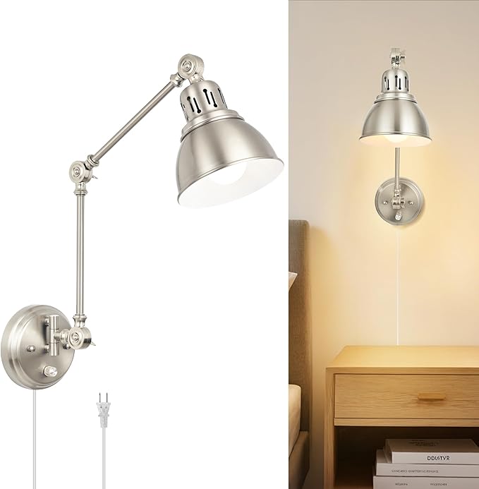 1 Pack Plug in Wall Sconce, Dimmable On Off Switch, Swing Arm Wall Lamp, Brushed Nickel Metal Industrial, Plug in Wall Light (Brushed Nickel, Without Bulb+Remote)