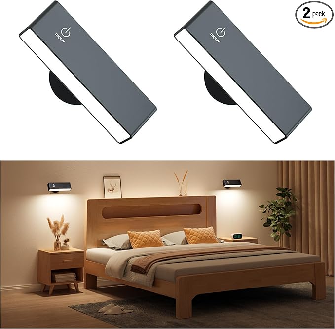 YiLaie Battery Operated Wall Sconces Set of 2, LED Wall Mounted Lights with 4000mAh Rechargeable Battery Operated, 360° Rotate Magnetic Wall Lamp, Dimmable Reading Light for Bedroom, Bedside, Black