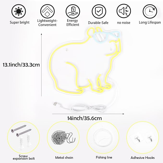 Capybara Neon Sign, Dimmable Cool Capybara LED Wall Light for Room Decor | USB Powered Capybara Neon Light for Kids Teen Girls Bedroom Dorm Game Room Cute Wall Decor Gift for Capybara & Animal Lovers
