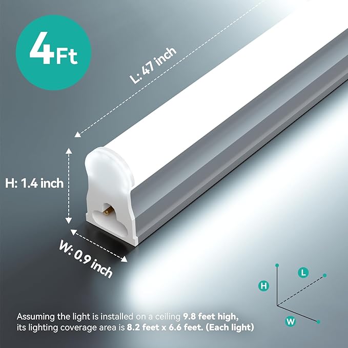 4FT LED Shop Lights (6 Pack), 2000LM 6500K Super Bright White T5 Commercial Lights, 20W Linkable Utility Integrated Single Fixture for Gym/Garage/Ceiling/Under Cabinet, Plug & Play