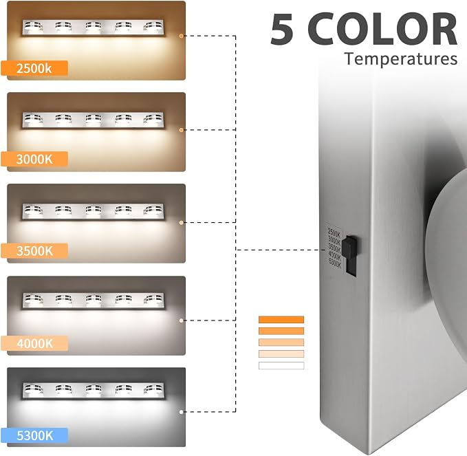 LED Brushed Nickel Bathroom Vanity Lights 5 Light 40.55in | 30W LED Bathroom Light Fixtures Over Mirror, with 360° Rotating Lamp Head, 5CCT Dimmable, Dimmer Switch Not Included