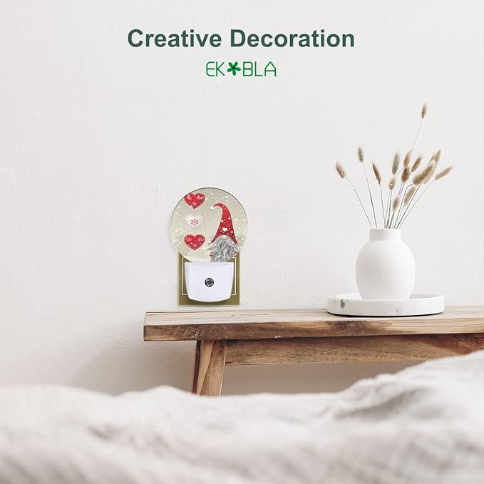 EKOBLA Valentine's Day Love Gnome Night Light Snowflakes Red Love Hearts Plug-in Nightlights Auto Sensor LED Dusk to Dawn Light for Men Women Boys Girls Gifts