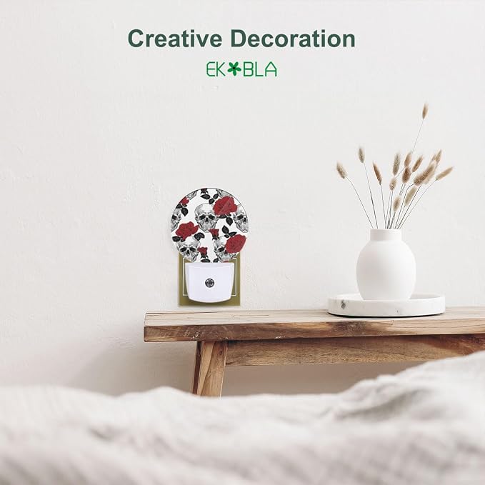 EKOBLA Halloween Rose and Skull Night Light, Vintage Seasonal Night Lights Plug Into Wall with Dusk to Dawn Sensor for All Ages